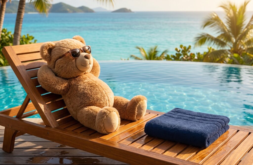 Dave sunbathing on a tropical beach next to an infinity pool with a Benjamin John Royal towel