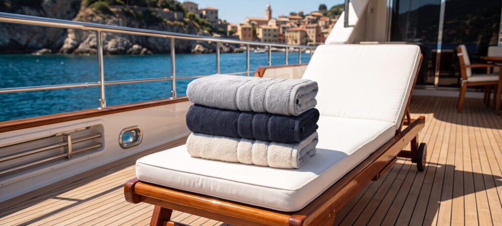 Three Benjamin John towels in Royal, Nimbus and Alabaster stacked on a sunbed upon a yacht